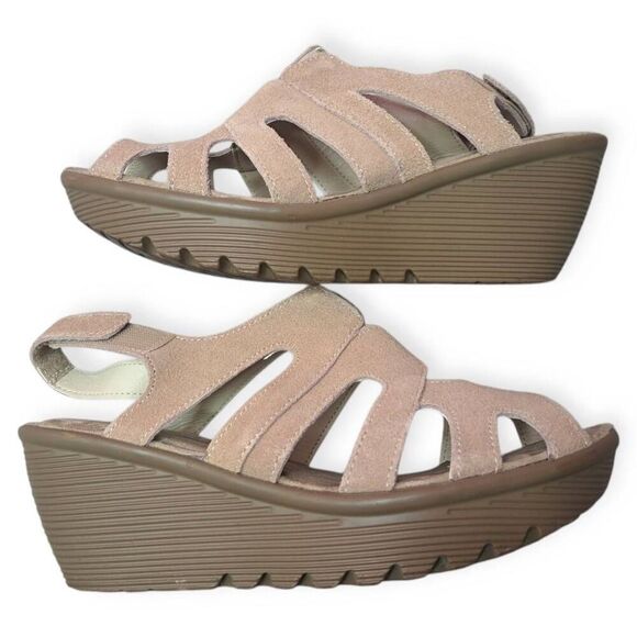 Skechers Women's Suede Peep-Toe Slingback Wedges Parallel Stylin size 6 Tan - Picture 3 of 7